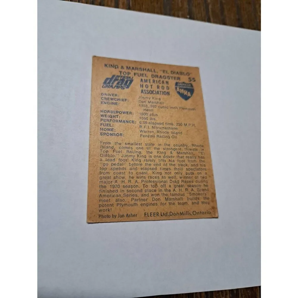 Vintage 1971 Fleer King Marschall El Diablo Top Fuel Dragster Race Trading Card